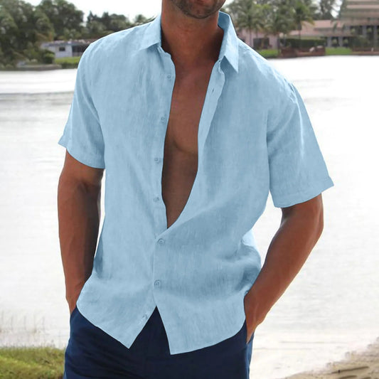 Men's Lapel Solid Color Short Sleeved Shirt - Sophinity