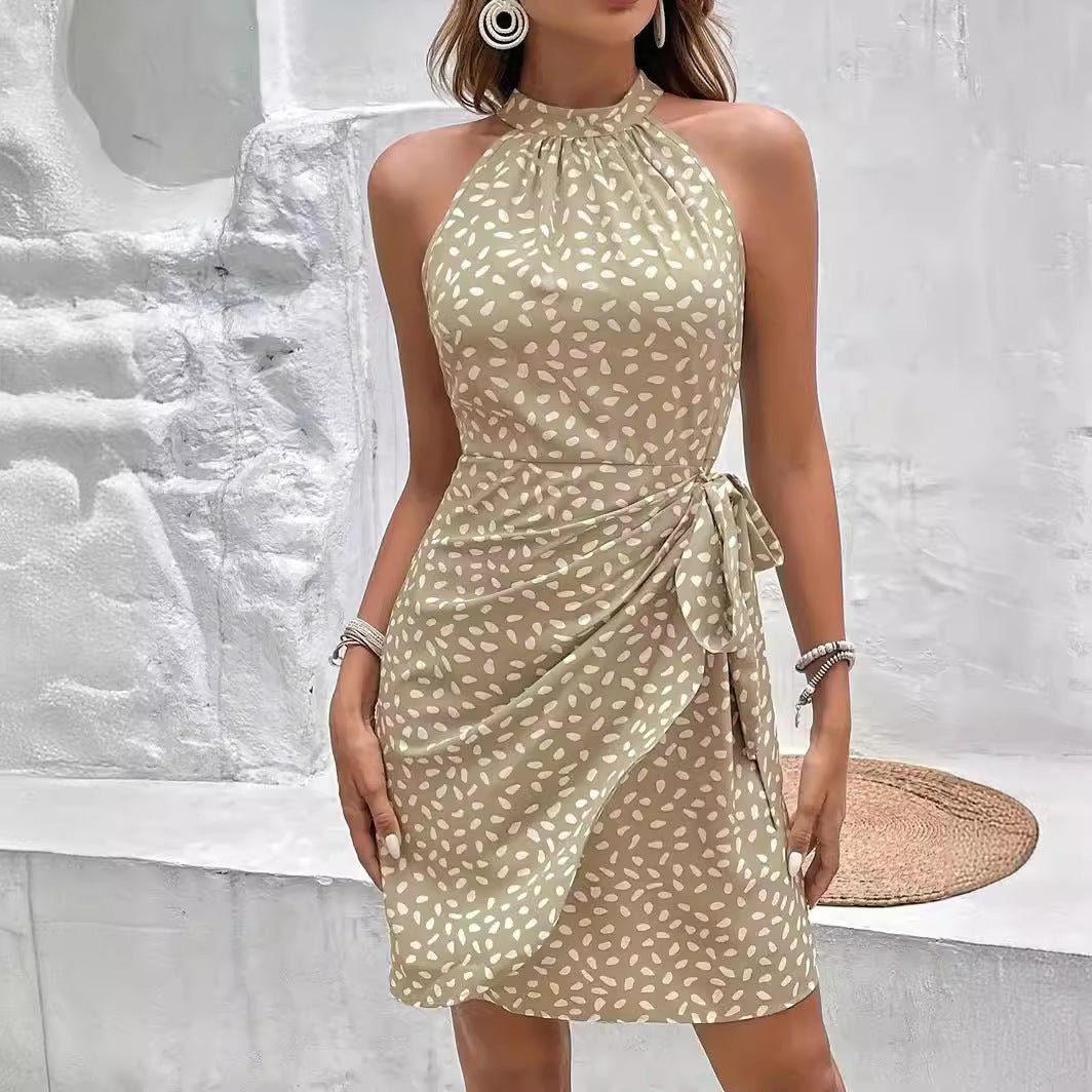 Summer Halterneck Printed Dress With Tied - waist Design Women's Shivering Dots Temperament Dress - Sophinity