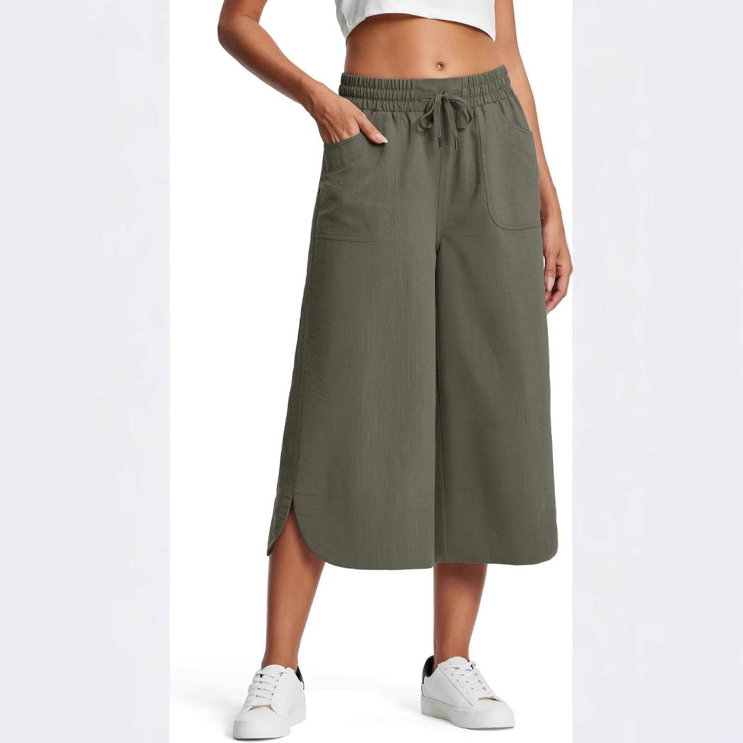 Summer Elastic Waist Solid Color Wide Leg Loose Casual Cropped Pants For Women - Sophinity
