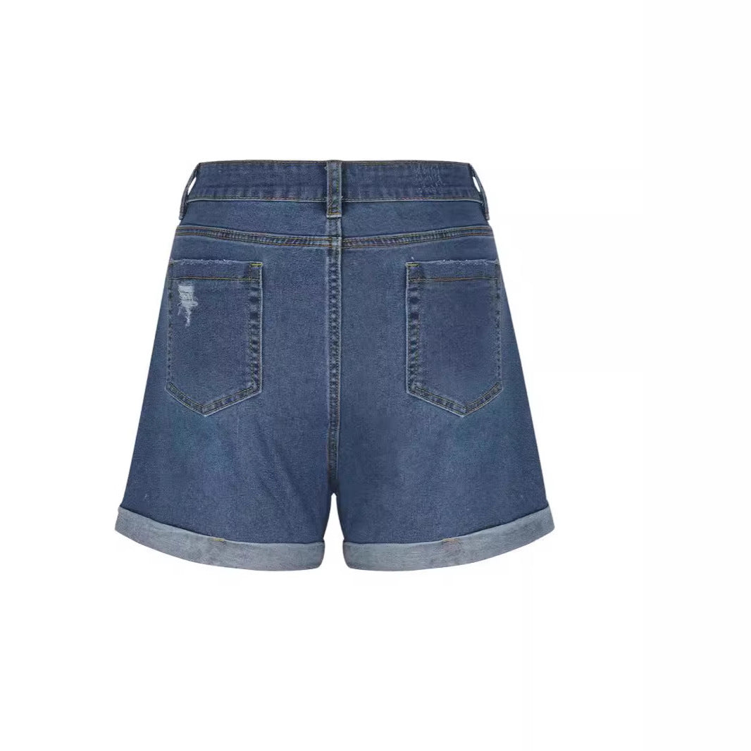 Straight Slim-fit Worn-out Curling Denim Shorts - Sophinity