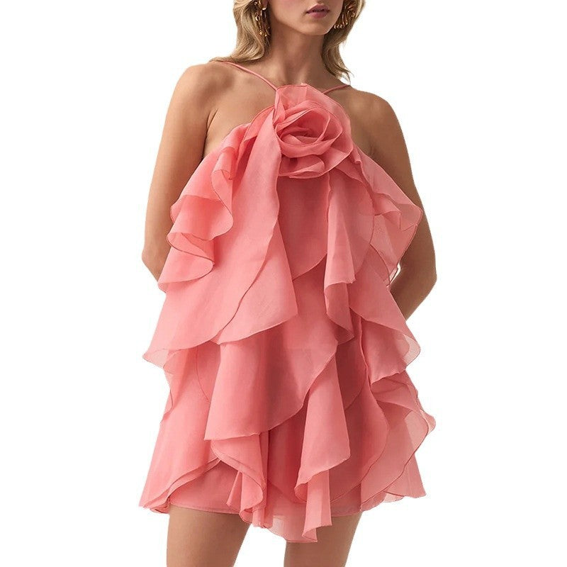 Halter Three-dimensional Flower Design Lace-up Sleeveless Dress - Sophinity