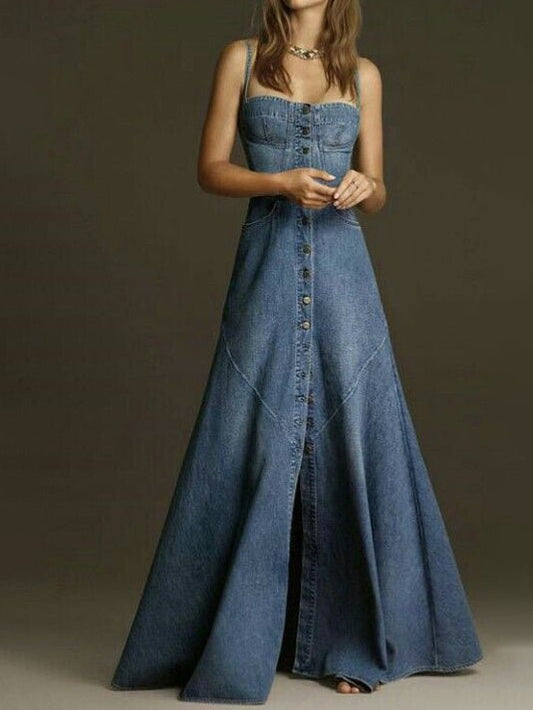 Denim Single - breasted Suspender Dress - Sophinity