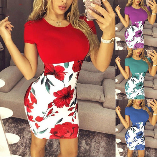 Color Block Flower High Waist Bag Hip Dress - Sophinity