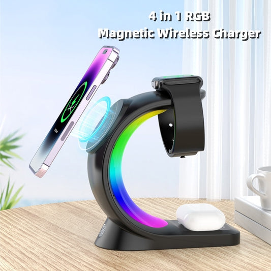 4-in-1 Magnetic Wireless Charger for iPhone, Apple Watch, AirPods Pro & Qi-Enabled Smartphones - Fast Charging Station with RGB Light