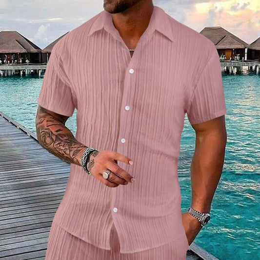 Polo Collar Solid Color Short Sleeve Button Men's Casual Loose Short Sleeves Shirt - Sophinity