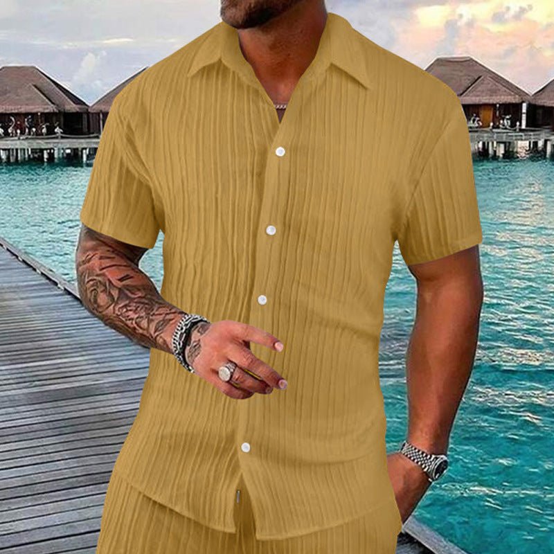 Polo Collar Solid Color Short Sleeve Button Men's Casual Loose Short Sleeves Shirt - Sophinity