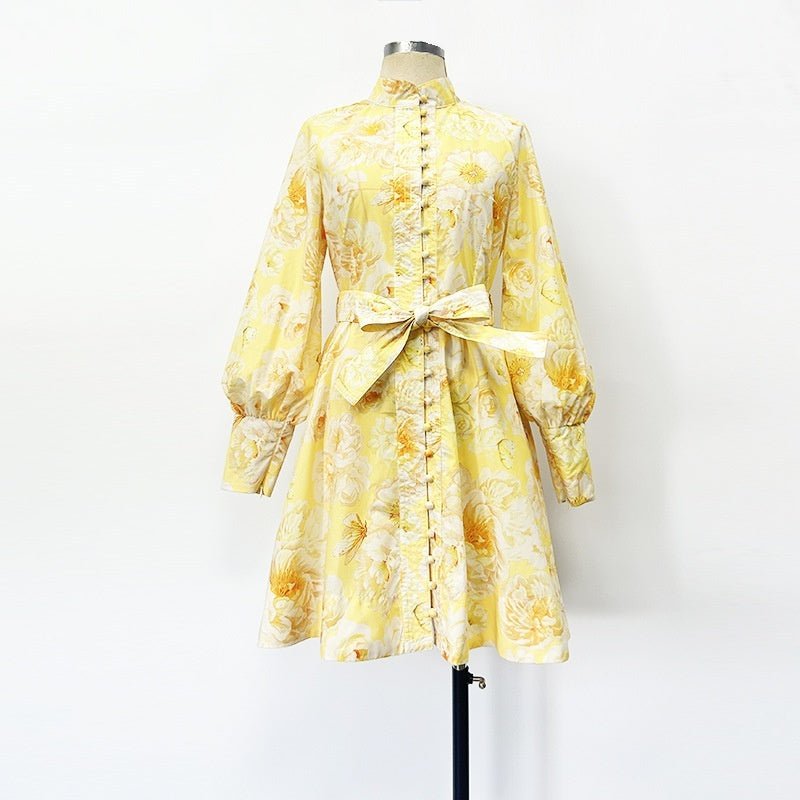 Belt Lantern Sleeve Holiday Swing Dress - Sophinity