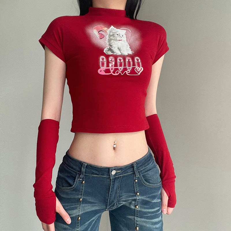 Cat Printing Cropped T-shirt Street Style