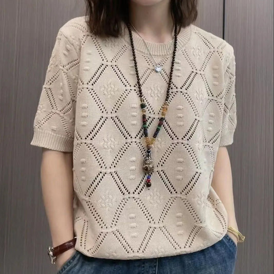 Summer Knitwear Women's Thin Short Sleeve Round Neck Sweater - Sophinity