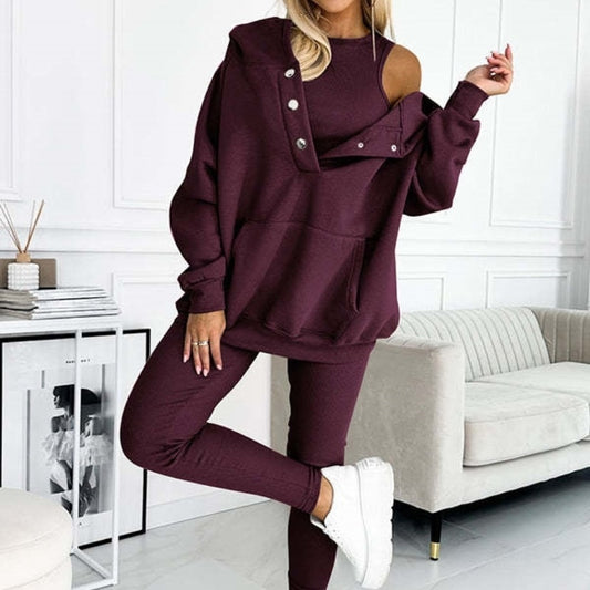 Athleisure Hoodie With Thick Thread Slim-fit Vest Pants Three Pieces Set - Sophinity