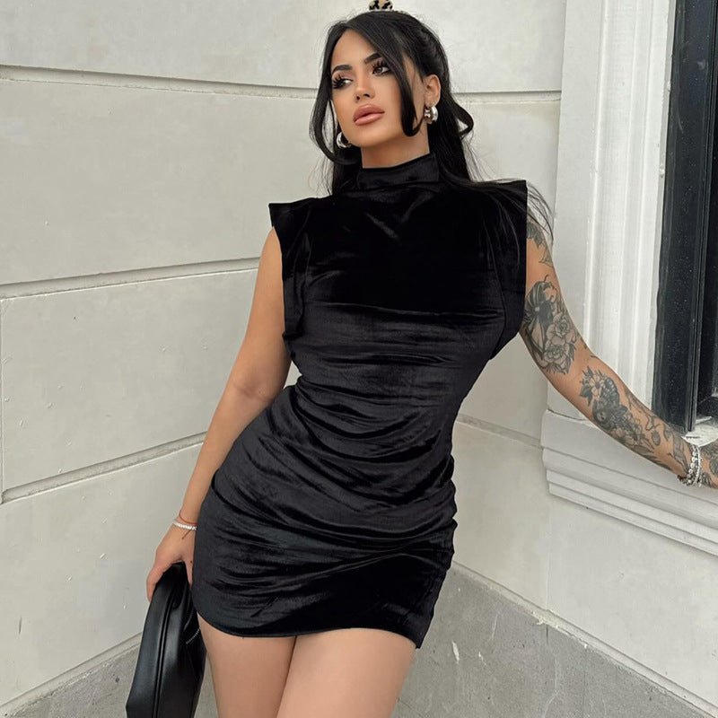 Suede Turtleneck Flounced Sleeve Slim - fit Sheath Dress Women - Sophinity
