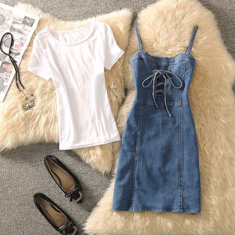 Summer Clothing Denim Braces Skirt Waist Trimming Lace Up Small Size Dress Suit