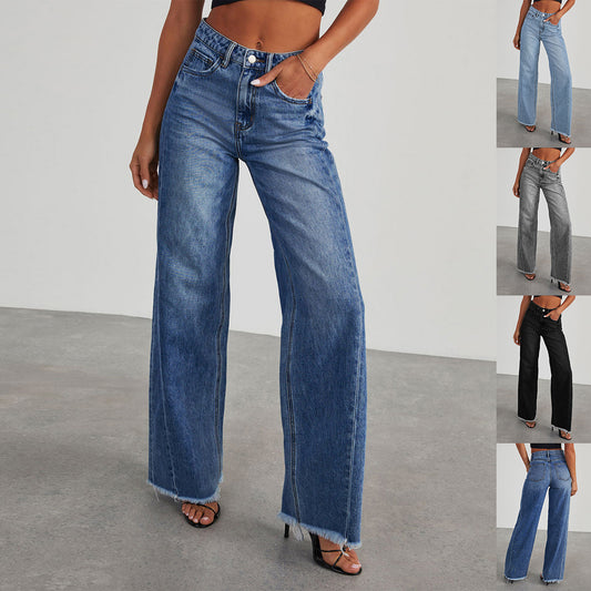 Fashion High Waist Jeans With Pockets Comfortable Slim Fit Straight Wide-leg Pants Womens Clothing - Sophinity