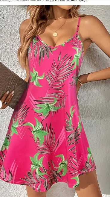 Tropical Print V - Neck Spaghetti Strap Dress For Women, Spring Summer Knit Fabric Slip Dress - Sophinity