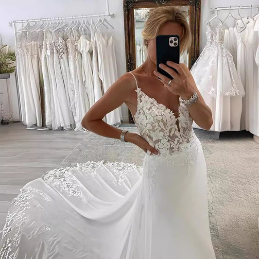 Strap Fishtail Wedding Dress Bridal Slim Satin Lace Dress - Sophinity