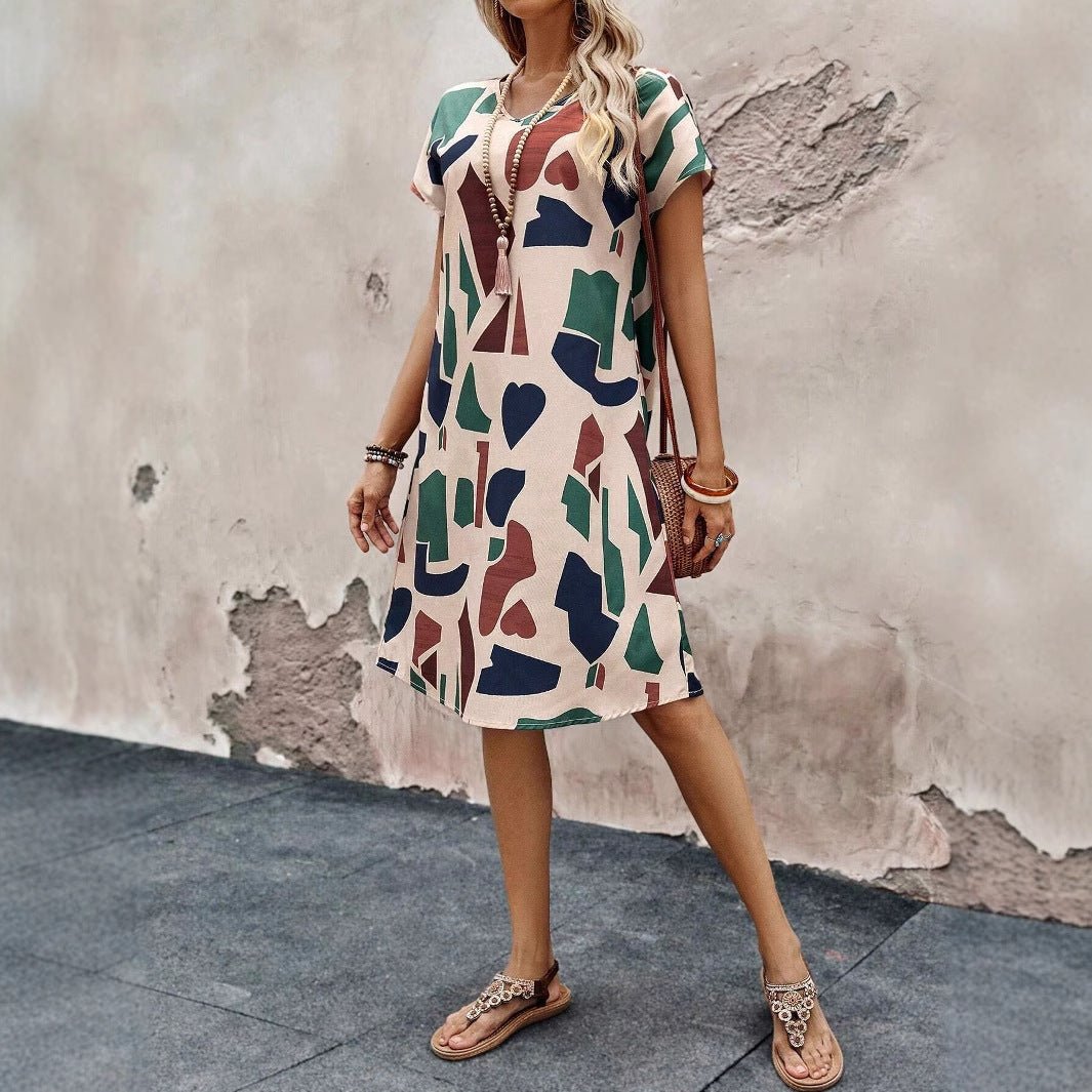 Casual Printed Short Sleeves Round Neck Dress Women - Sophinity