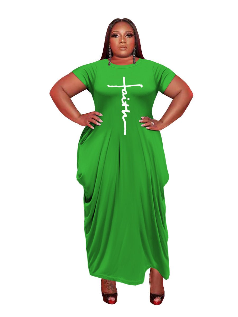 European And American Solid Color Round Neck Short Sleeves Irregular Hem Women's Dress - Sophinity