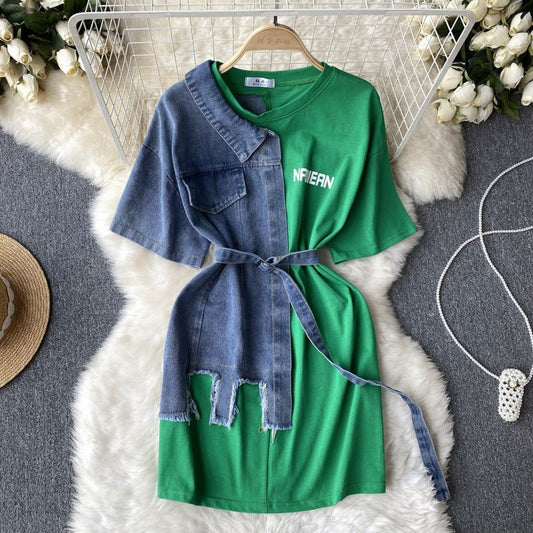 Round Neck Denim Patchwork Dress - Sophinity