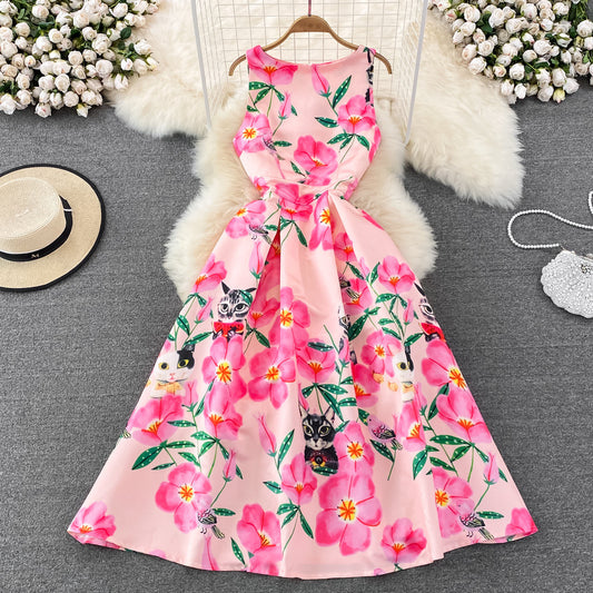 Retro Affordable Luxury Temperament Crew Neck Waist Slimming Printed Sleeveless A- Line Dress - Sophinity