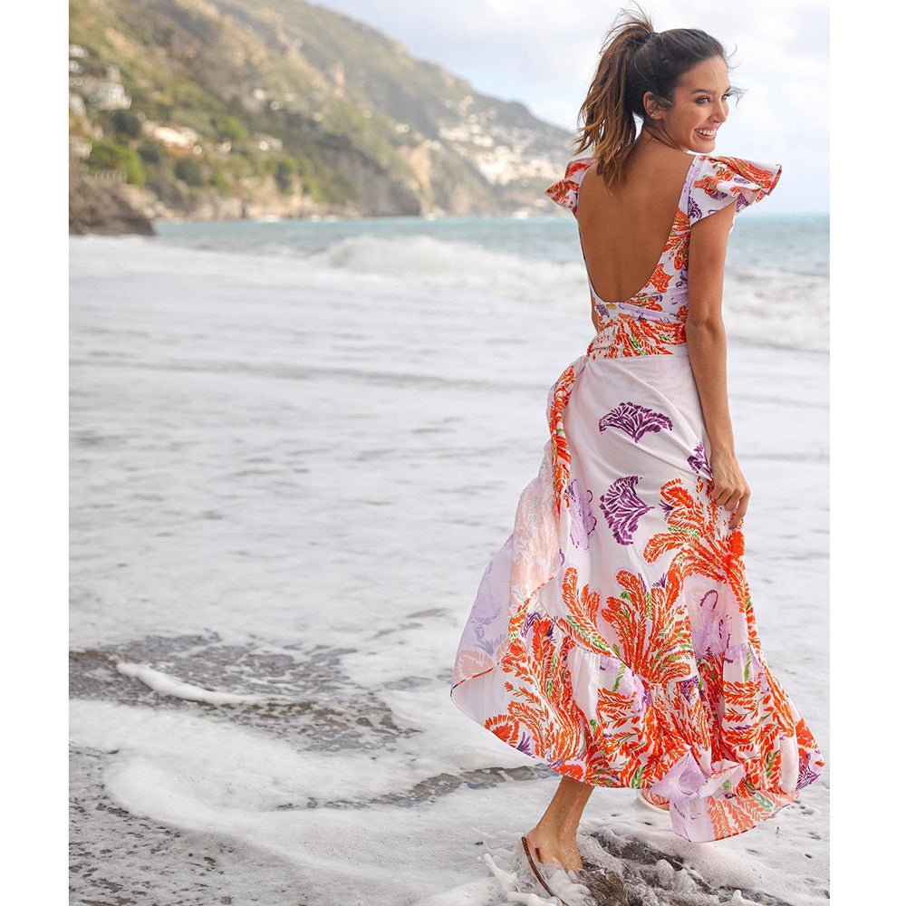 Printed Ruffle One Piece Swimming Costume Women Chiffon Maxi Dress - Sophinity