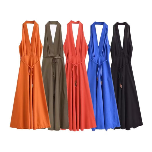 Backless Linen Midi Skirt Dress - Sophinity