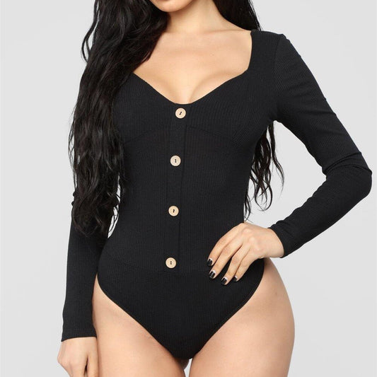 Women's Long - sleeved Deep U Backless Button Jumpsuit Bottoming Shirt - Sophinity