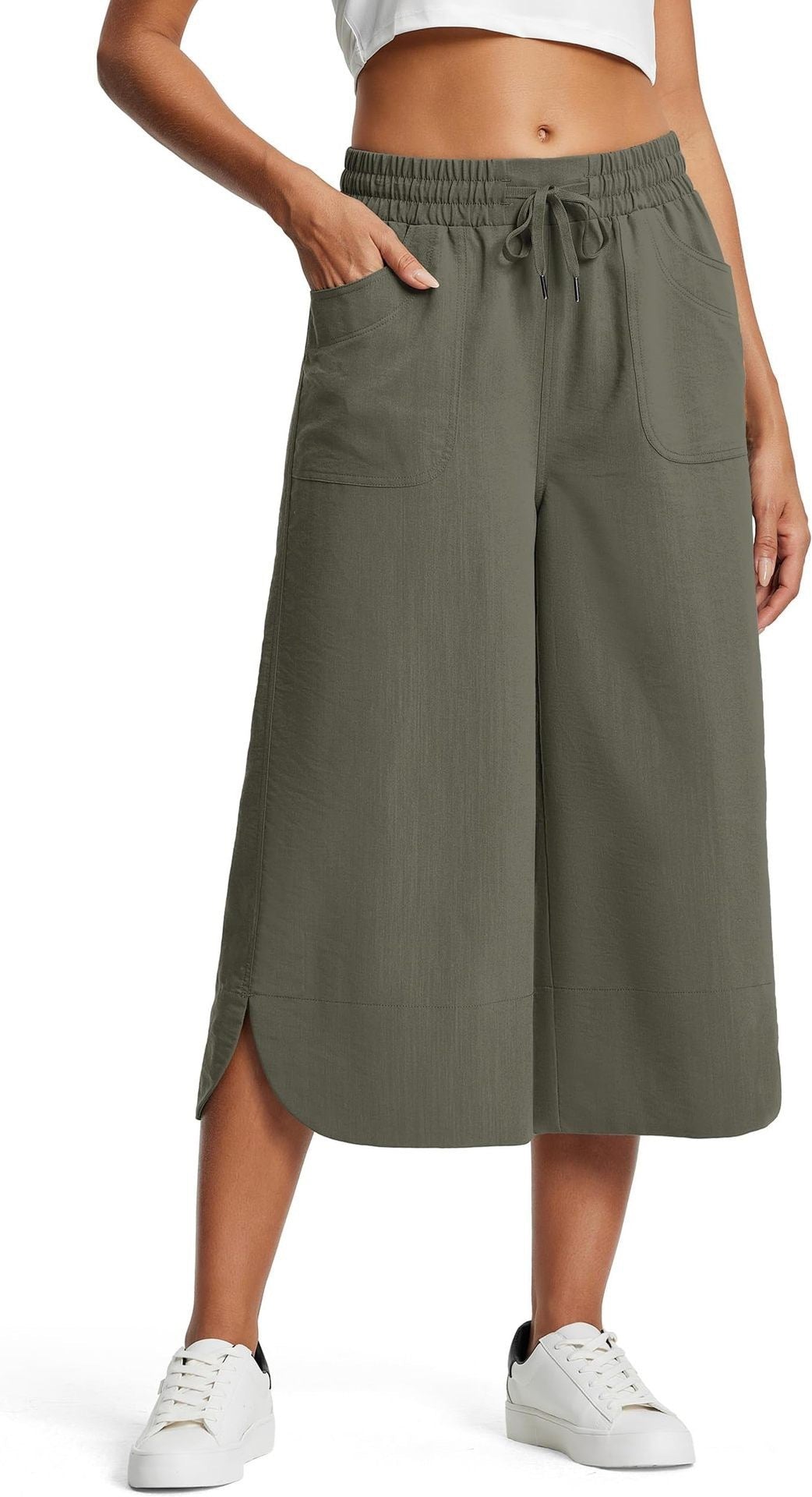 Summer Elastic Waist Solid Color Wide Leg Loose Casual Cropped Pants For Women - Sophinity