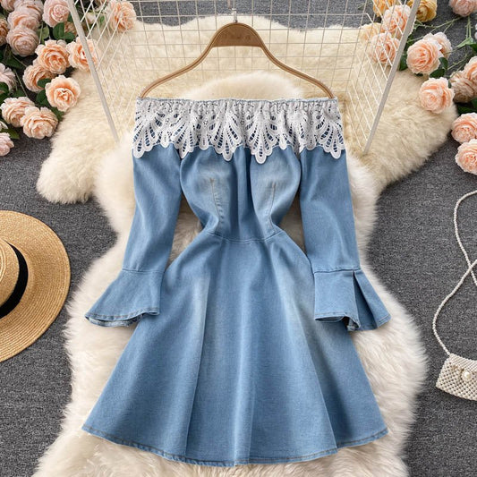 Small One Shoulder Stitching Denim Dress - Sophinity