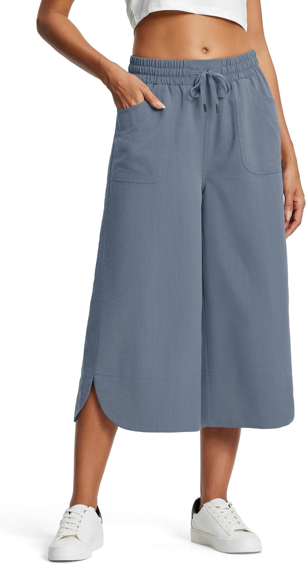 Summer Elastic Waist Solid Color Wide Leg Loose Casual Cropped Pants For Women - Sophinity