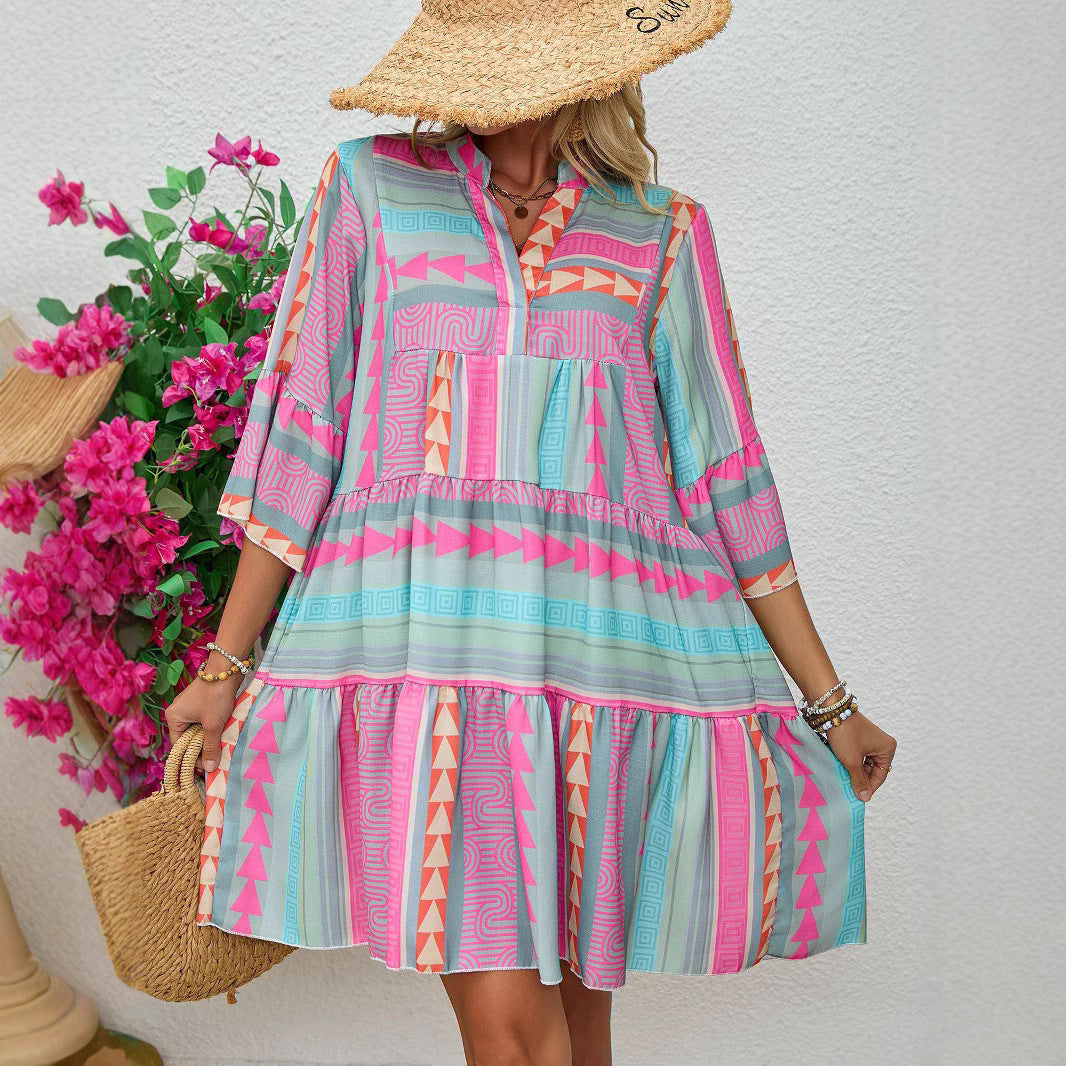 Spring And Autumn Print V-neck Dress - Sophinity