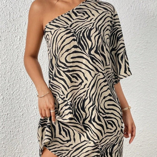 Women's Casual Asymmetrical Collar Zebra Print Vacation Dress - Sophinity