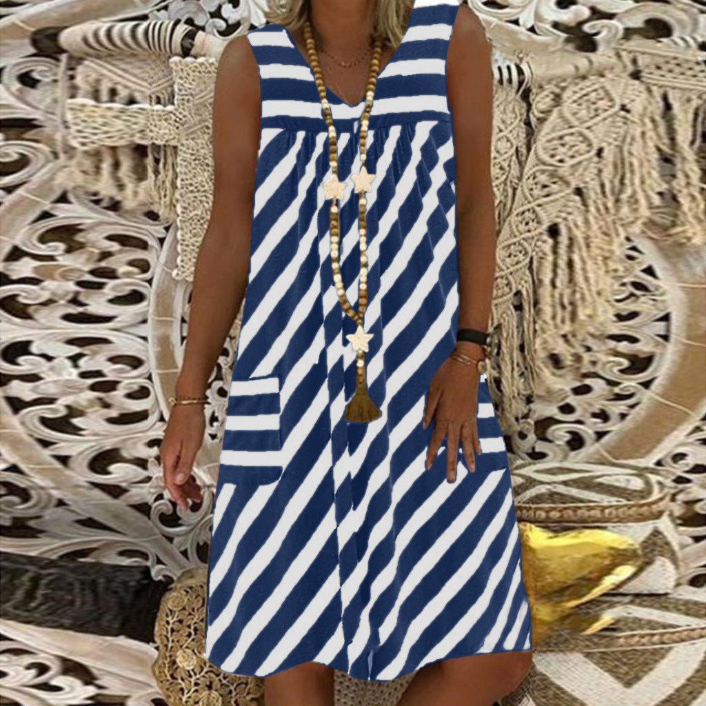 Women's Plus Size Pocket Summer Round Neck Sleeveless Striped Dress - Sophinity