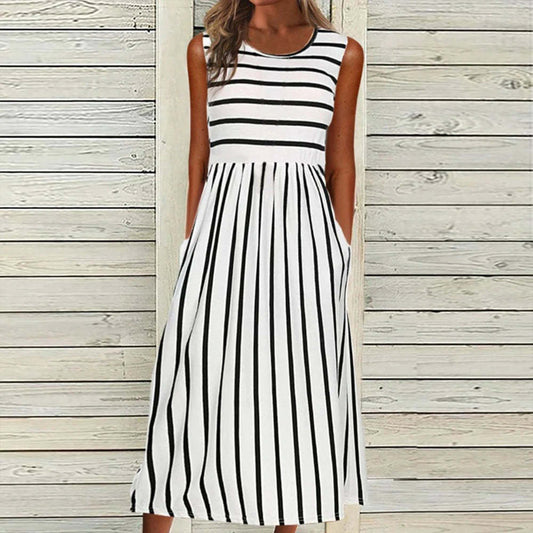 Women's Sleeveless Striped Flowy Casual Maxi Dress - Sophinity
