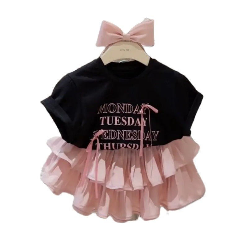 Girls' Pleated Skirt Western Style Letter T-shirt Two - piece Suit - Sophinity