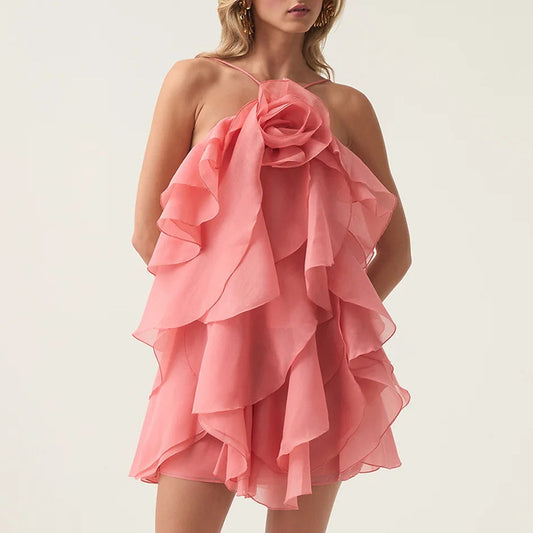 Halter Three-dimensional Flower Design Lace-up Sleeveless Dress - Sophinity