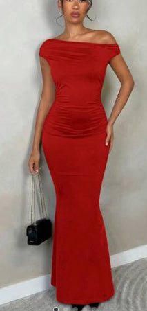 Summer New Elegant Party Daily Date Oblique Shoulder One - Shoulder Off - Shoulder Front Pleated Slim Long Skirt Wavy Texture White Women's Dress - Sophinity