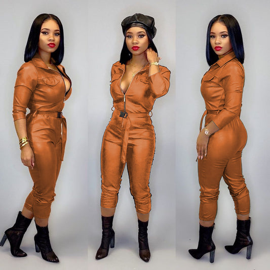 Women's Casual Fashion Solid Color High Elastic Leather Jumpsuit - Sophinity