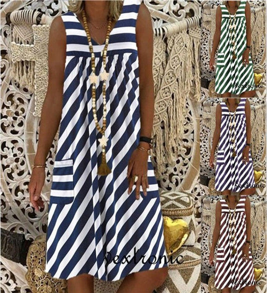 Women's Plus Size Pocket Summer Round Neck Sleeveless Striped Dress - Sophinity