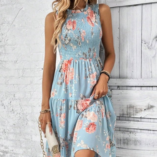 Floral Print Layered Hem Dress Maxi Vacation Beach Outfits Women - Sophinity