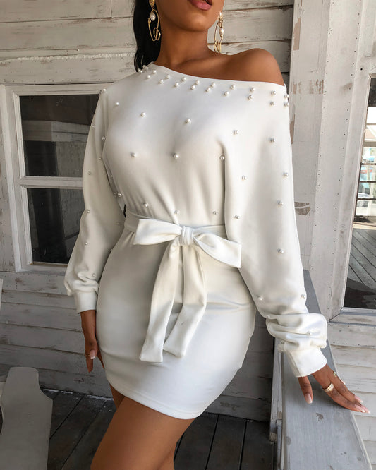 Beaded Slim Belt Slim Long Sleeve Solid Color Ladies Dress - Sophinity