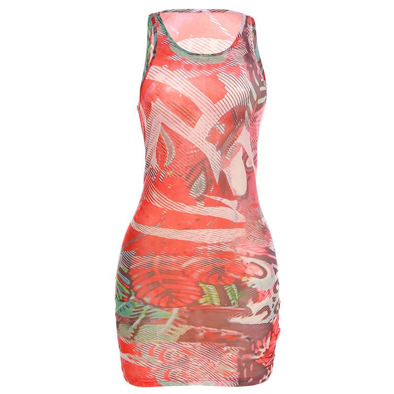 Women's Fashion Mesh Printed Sleeveless See - through Dress - Sophinity