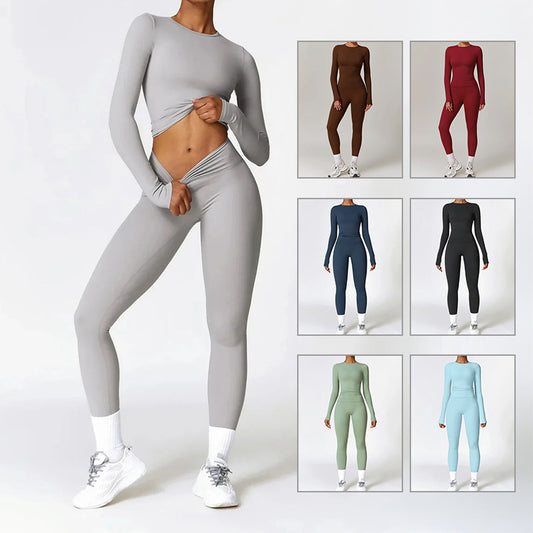 Tight-fitting Brushed Yoga Suit Quick-drying Fitness Clothes  Fitness Long Sleeve Tracksuits Sports Suit Gym Top High Waist Leggings Women Sets Yoga Set - Sophinity