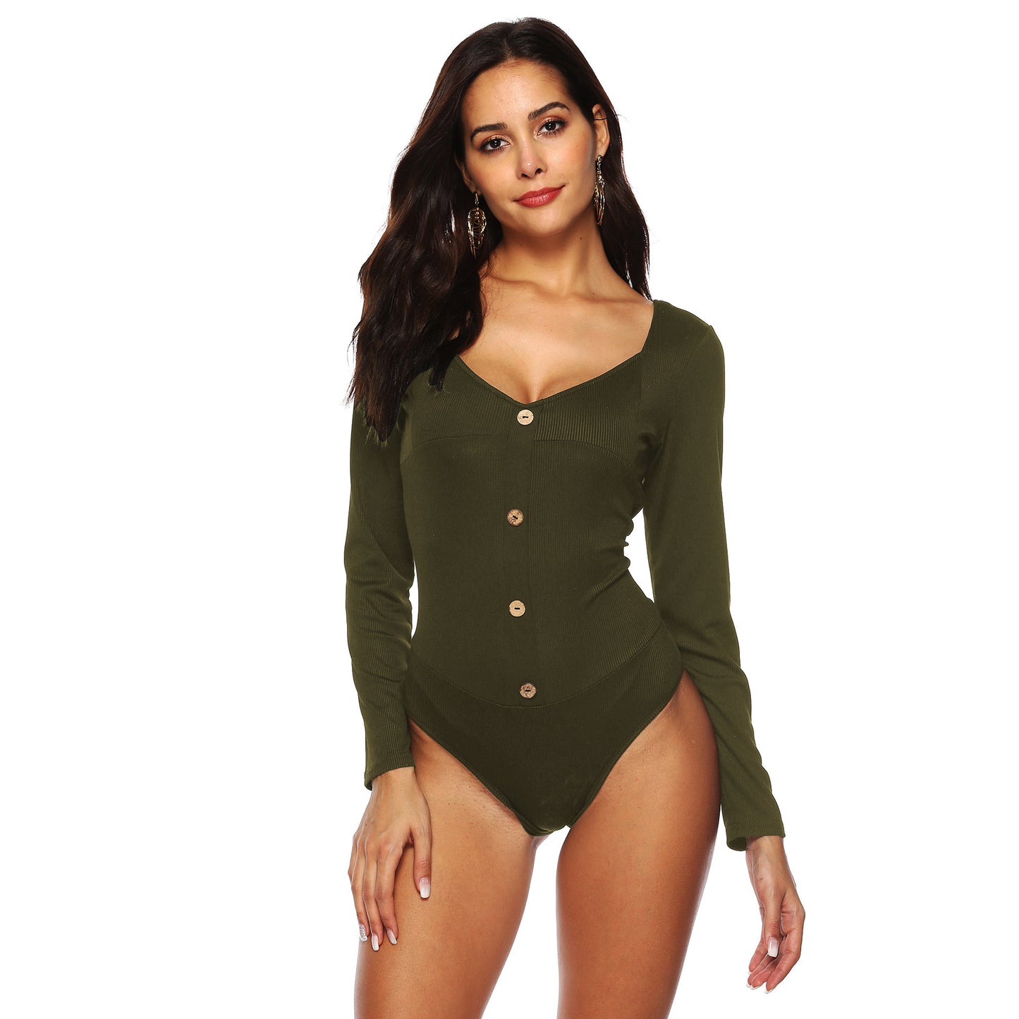 Women's Long - sleeved Deep U Backless Button Jumpsuit Bottoming Shirt - Sophinity