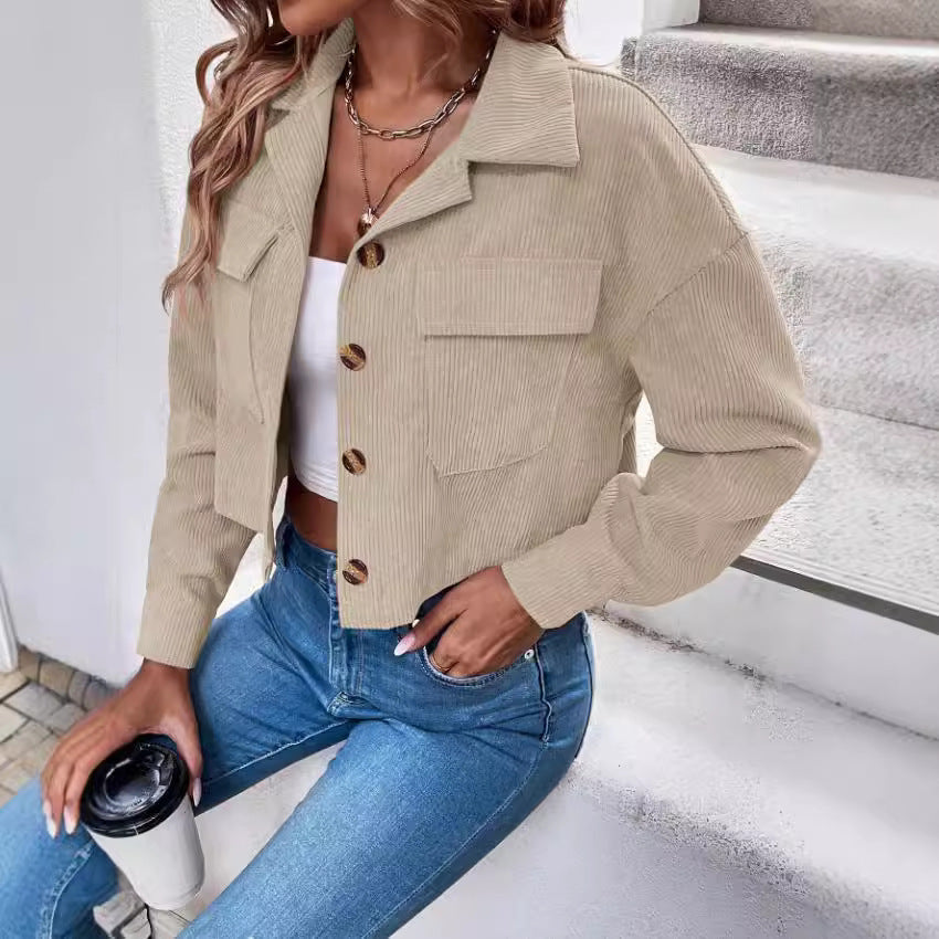 Women's Fashion Short Corduroy Button Jacket Casual Short Coat - Sophinity