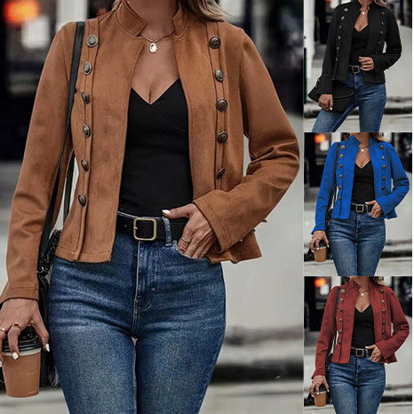 Double-row Metal Buckle Deerskin Velvet Retro Long-sleeved Coat - Sophinity