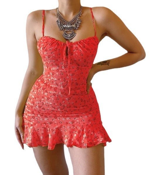 Floral Strap Chest Hollow Dress - Sophinity