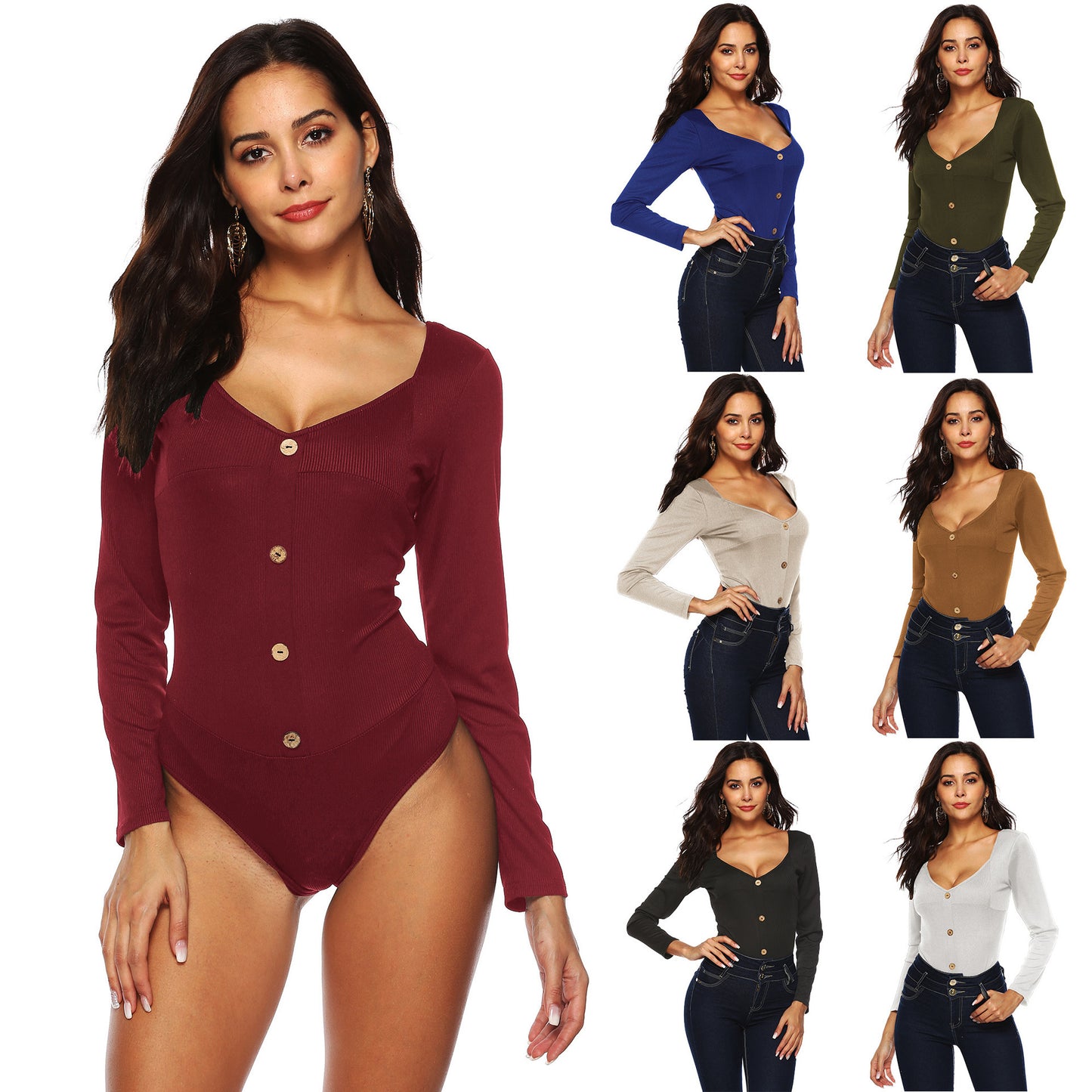 Women's Long - sleeved Deep U Backless Button Jumpsuit Bottoming Shirt - Sophinity