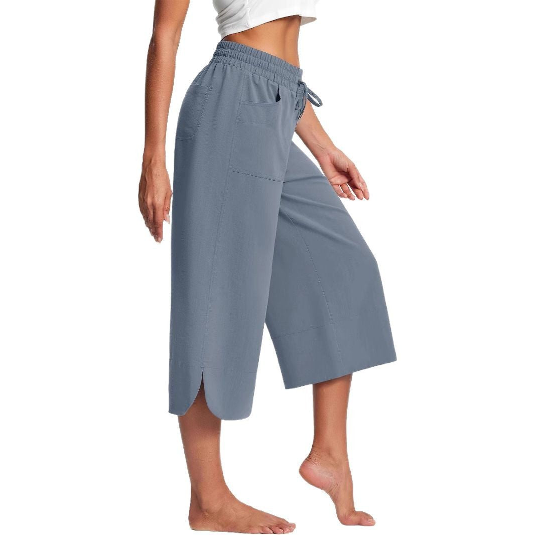 Summer Elastic Waist Solid Color Wide Leg Loose Casual Cropped Pants For Women - Sophinity