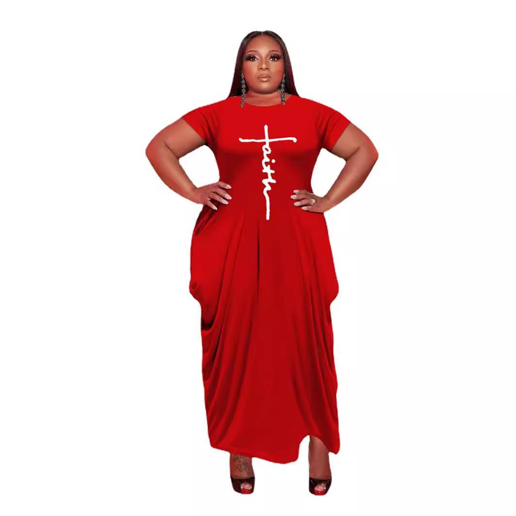 European And American Solid Color Round Neck Short Sleeves Irregular Hem Women's Dress - Sophinity
