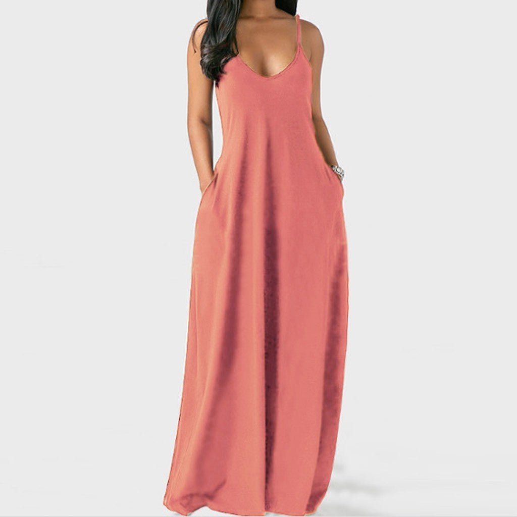 Women's Solid Color Sexy Deep V Suspender Long Dress - Sophinity